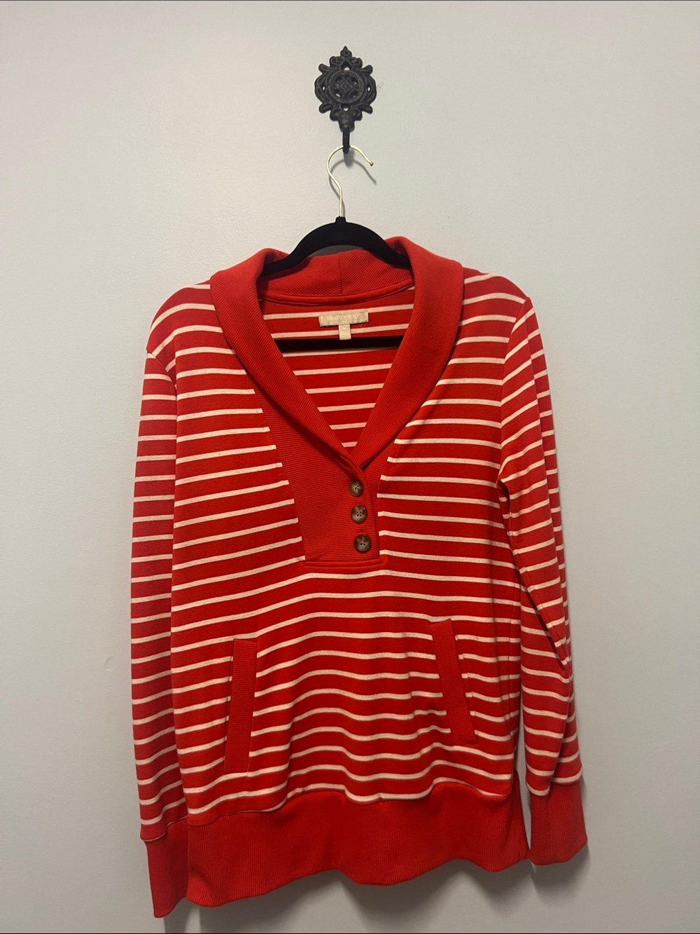 Banana Republic Red and Cream Striped V-Neck Sweater
